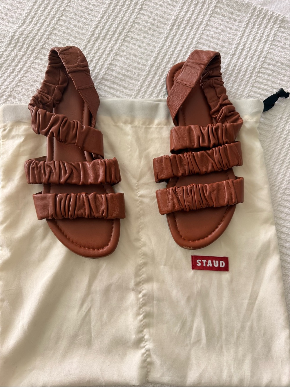 STAUD Ellie Brown Ruched Leather Slingback Flat Sandals -EU38